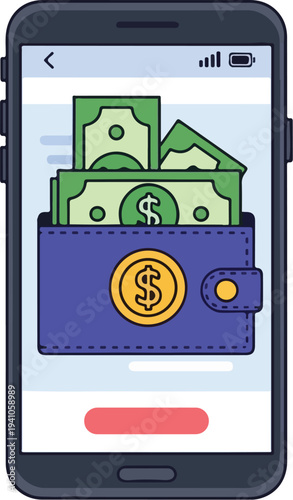 Digital mobile wallet filled with US dollar banknotes and a gold coin displaying cash app interface for online payments and financial transactions on a smartphone.