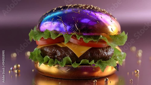 Luxury gourmet burger with metallic bun and fresh ingredients