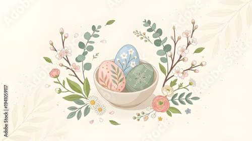 Delicate Easter Eggs Nestled in a Gentle Floral Wreath, Evoking Springtime Celebration