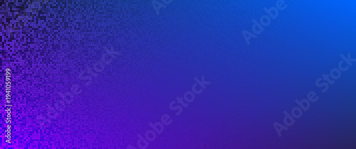Modern Blue and Purple Digital Pixel Background. A vibrant vector illustration featuring a dense halftone grid of tiny square particles on a deep violet gradient.