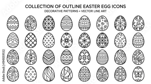 Outline Easter Egg Icons with Diverse Decorative Patterns for Spring Holiday Celebrations Vector Art