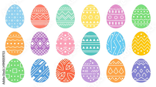 Vibrant collection of decorated Easter eggs featuring intricate patterns and a palette of pastel colors, perfect for spring holiday celebrations and festive designs