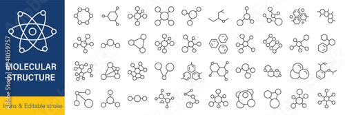 Particle models for medical and chemistry, biotech research thin black symbols vector illustration. Molecular structure, cell and network of chemical compound, molecule and atom line icon set