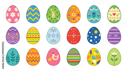 Vibrant Collection of Decorated Easter Eggs with Diverse Patterns and Spring Motifs, Ideal for Festive Holiday Celebrations and Seasonal Decor