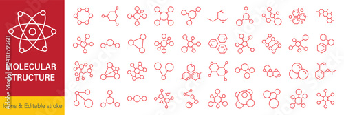 Particle models for medical and chemistry, biotech research thin black symbols vector illustration. Molecular structure, cell and network of chemical compound, molecule and atom line icon set