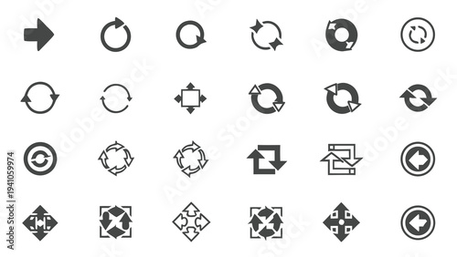 This collection features various symbols representing direction, motion, and flow concepts. Designs visualizing dynamic processes such as loops, direction changes, merging, and splitting cater to dive
