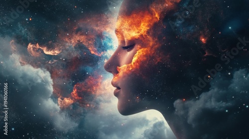 A woman's profile with a cosmic face,  surrounded by nebulae and stars