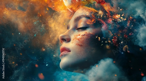 A woman's profile,  face painted with vibrant colors and textures, surrounded by smoke and fire-like elements