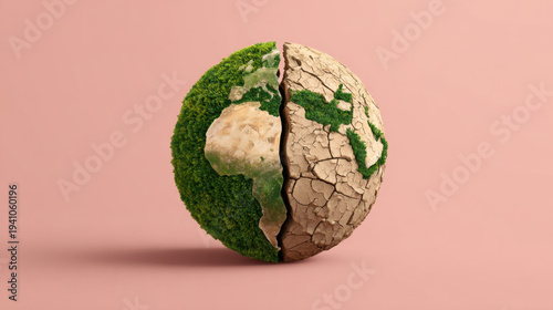 Wallpaper Mural Lush green moss covers one half of cracked, dry earth globe split down middle, symbolizing climate change, environmental contrast and planetary restoration hope Torontodigital.ca