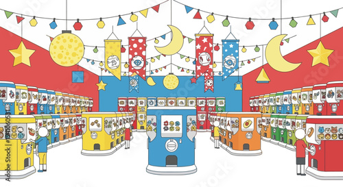 Colorful Gashapon Capsule Toy Arcade Interior with Festive Decorations