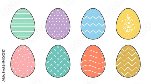 Vibrant collection of decorated Easter eggs with various patterns, perfect for holiday greetings and spring celebrations design elements