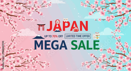 Japan Mega Sale banner with cherry blossoms and traditional elements, discount offer