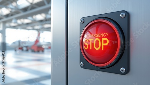 Emergency stop button concept. Red emergency stop button mounted on a metal panel in a bright industrial setting.