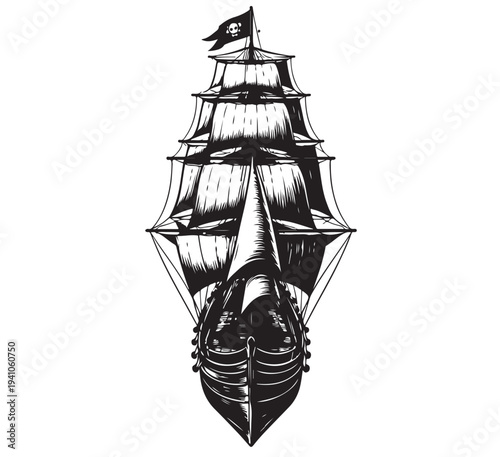 Vintage Sailing Ship on Ocean – Classic Tall Ship Vector Silhouette