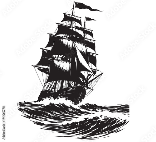 Vintage Sailing Ship on Ocean – Classic Tall Ship Vector Silhouette