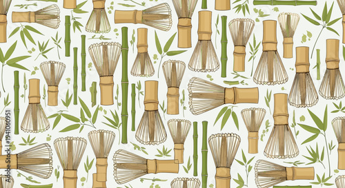 Seamless Pattern of Bamboo Whisks and Stalks for Japanese Matcha Tea Design