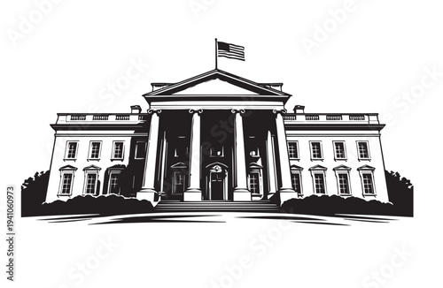 The White House Washington DC – Black and White Vector Illustration