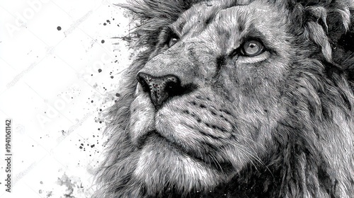 Detailed lion portrait illustration in grayscale with transparent background
