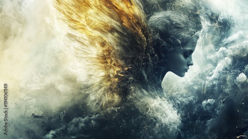 A woman with large, ethereal wings, surrounded by clouds