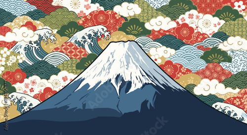 Iconic Mount Fuji Erupting with Traditional Japanese Wave and Floral Patterns