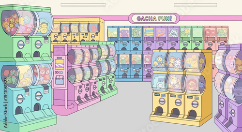 Colorful Gacha Machines Store Illustration with Pastel Tones and Capsule Toys