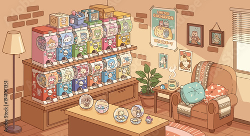 Cozy Room with Gashapon Machines and Collectibles, Warm Interior Illustration