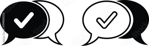 Two speech bubbles with checkmarks in black and white