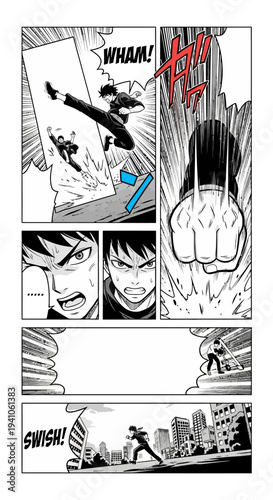 Dynamic Manga Panel: Martial Artist Delivers Powerful Punch in Urban Battle
