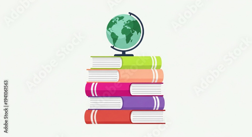 World Book and Copyright Day Stack of books with a globe on top representing knowledge, education, and global learning