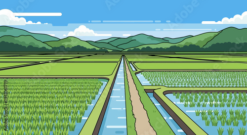 Pixel Art Rice Fields Landscape with Irrigation Canal and Distant Mountains under Blue Sky