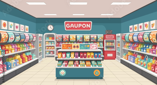 Cartoon Convenience Store Interior with Colorful Products and Shelves