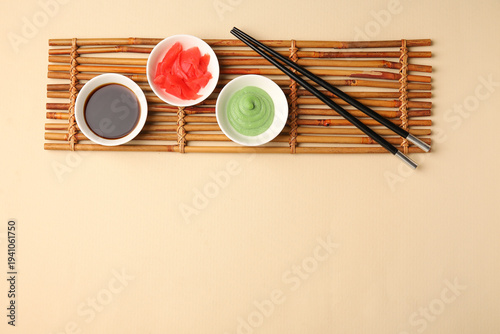 Bamboo mat, chopsticks, bow...
