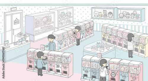 Children playing gashapon capsule toy machines in a pastel-colored Japanese store interior
