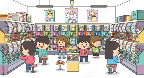 Children and friends enjoying gashapon capsule toy machines in a colorful store
