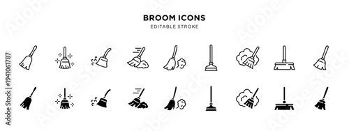 Broom icon set with editable stroke
