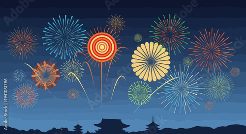 Colorful Fireworks Display Over Traditional Japanese Temples at Night