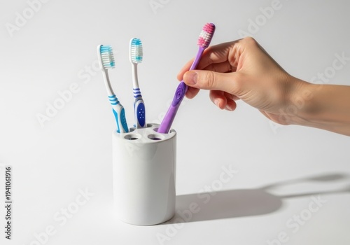 Hand holding purple toothbrush over white toothbrush holder with blue toothbrushes