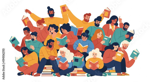 World Book and Copyright Day A diverse and joyful community of individuals, all deeply engrossed in reading books, symbolizing the shared love for literature, learning, and intellectual connection