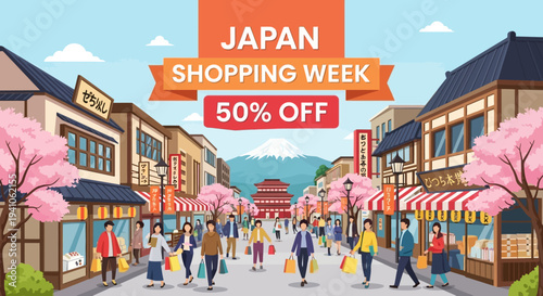 Japan Shopping Week 50% Off on Traditional Street with Mount Fuji and Cherry Blossoms