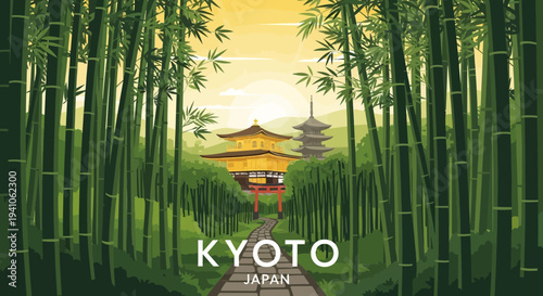 Kyoto Japan Bamboo Forest Path to Golden Pavilion Temple and Pagoda