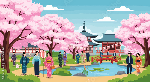 Spring in Japan: Cherry Blossoms, Traditional Temple, and People in Kimonos