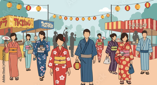 Japanese Summer Festival: People in Yukata Enjoying Food Stalls and Lanterns