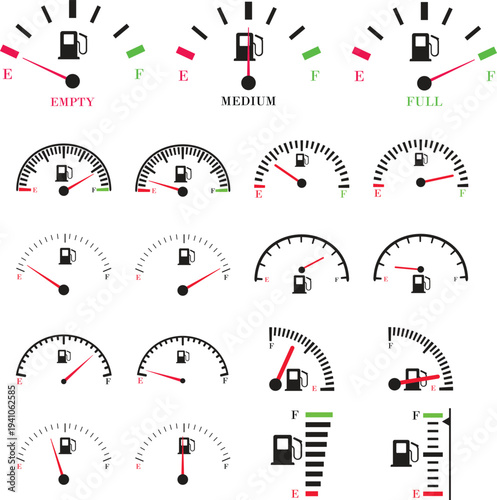 Speed meter icon set vector collection group showing dashboard gauge dial indicator for velocity measurement in automobile transport interface design isolated graphic symbol for speedometer instrument