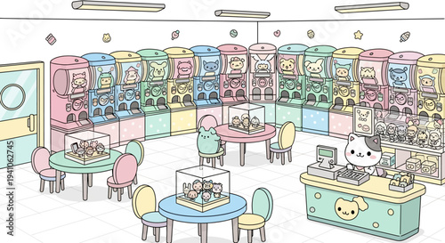 Cute Pastel Gashapon Store Interior with Adorable Animal Characters and Capsule Toys