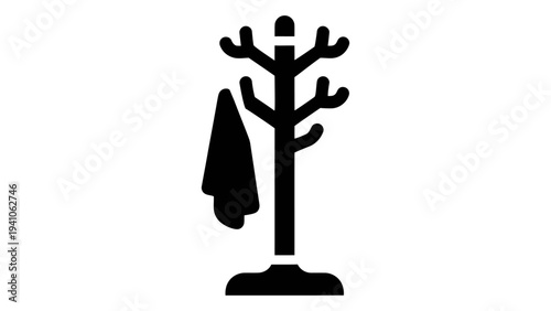 Freestanding coat rack with jacket on hook, simple black silhouette on white