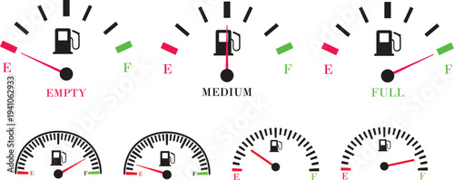 Speed meter icon set vector collection group showing dashboard gauge dial indicator for velocity measurement in automobile transport interface design isolated graphic symbol for speedometer instrument