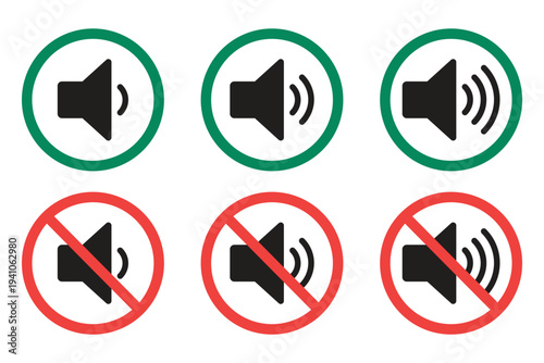 No speaker sound or keep silence red circle sign and green allowed vector icons, featuring mute and unmute volume button symbols, volume allow and prohibit signs