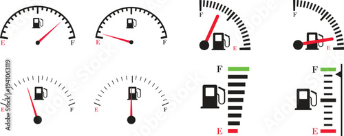 Speed meter icon set vector collection group showing dashboard gauge dial indicator for velocity measurement in automobile transport interface design isolated graphic symbol for speedometer instrument