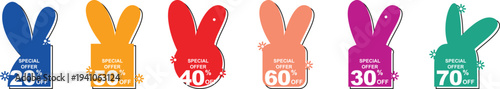 Set of rabbit shaped price tags for special offers with percentage discounts on various colors for retail marketing and sales promotion