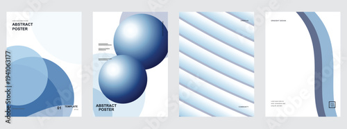 Set of four abstract posters with blue spheres and wavy lines on a white background for modern corporate and community branding